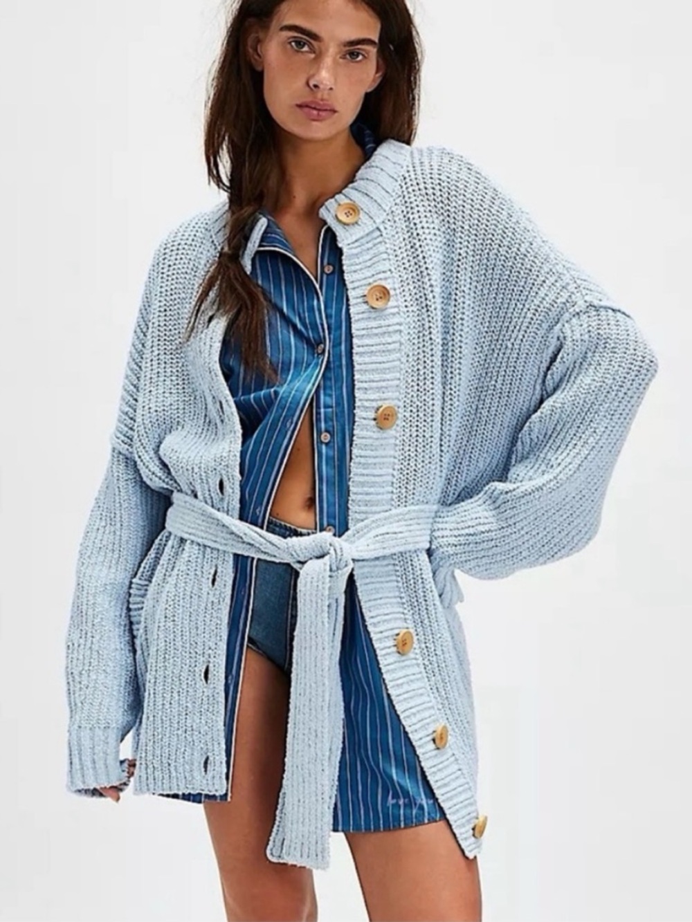 Free People Brooklyn Cardigan Ballet Blue Chunky Button Up Cardigan Size Small